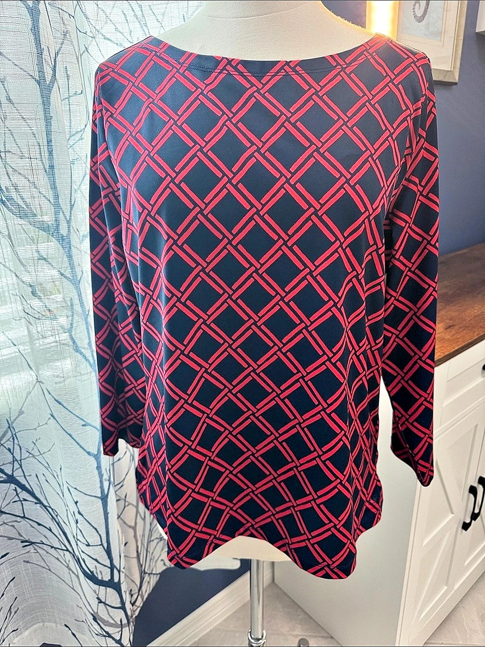vineyard vines Geometric Long Sleeve Blouse in Red and Navy XL